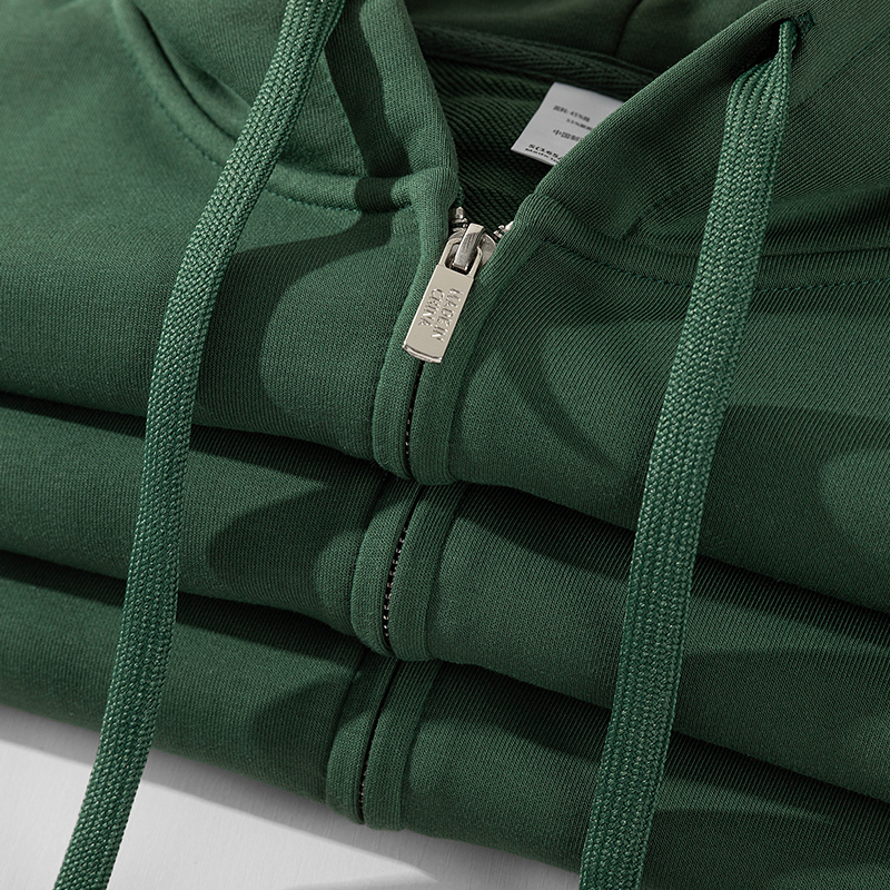 Olive Green 330g Heavyweight Terry Zip-Up Hoodie, Autumn Solid Color Casual Versatile Sports Jacket for Men
