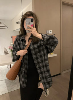 Worsted black plaid loose casual plaid shirt