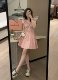 Veee early summer sweet tea pink slimming v-neck puff sleeve design pleated hot girl short dress French