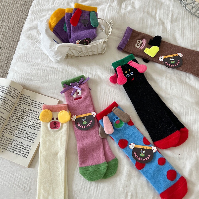 Cute and Quirky 3D Plush Socks for Women, Mid-Calf Socks for Autumn and Winter, Cute Niche Style Coral Fleece Couple Sleep Socks