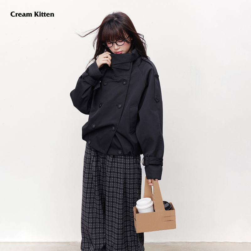Cream Kitten Gilded Poem Vintage Stand Collar Double-Breasted Short Trench Coat Women's Autumn and Winter Jacket Top