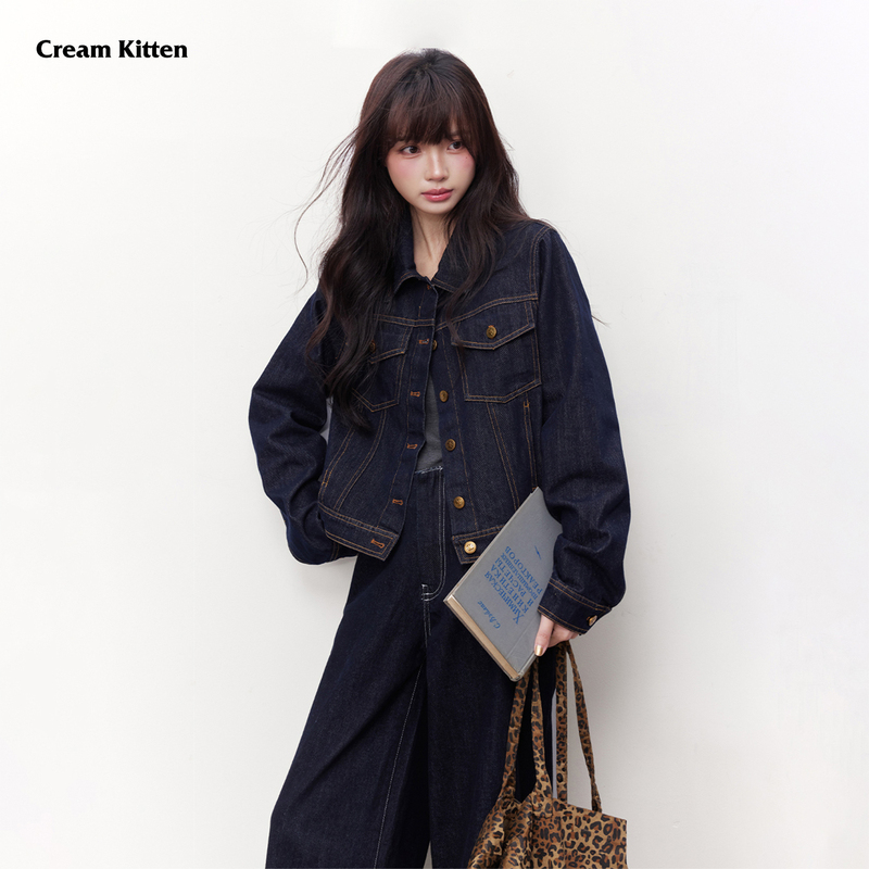 Cream Kitten Indigo Narrative Original Color Denim Jacket Women's Autumn Long Sleeve Lapel Loose Top