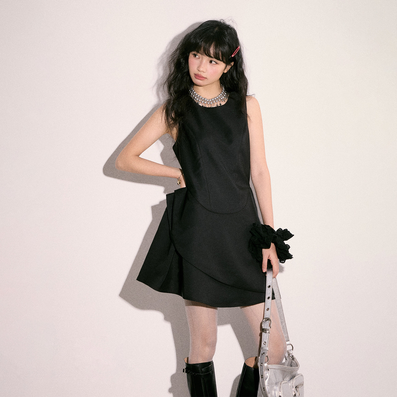 Cream Kitten Black and White Iris Solid Color Tank Dress Women's Miu Style Casual Sleeveless Dress Summer