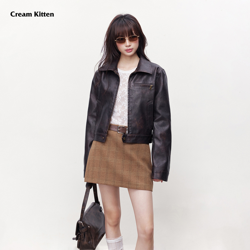 Cream Kitten Old Time Vintage Washed Distressed Leather Jacket Women's Autumn Short Leather Jacket