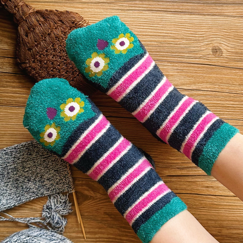 Japanese Style Women's Pure Cotton Mid-Calf Socks Cute Cartoon Owl Autumn and Winter Retro Thickened Warm down Yarn Socks