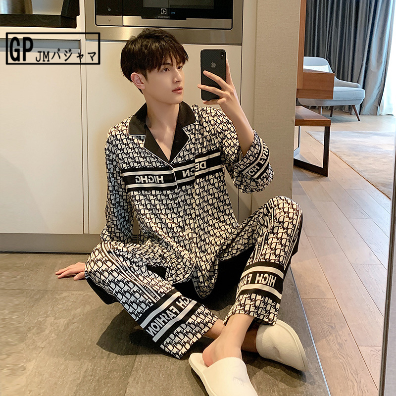 Japanese GP pajamas men's ice silk homewear luxury men's high-end silk alphabet autumn long-sleeved suit men