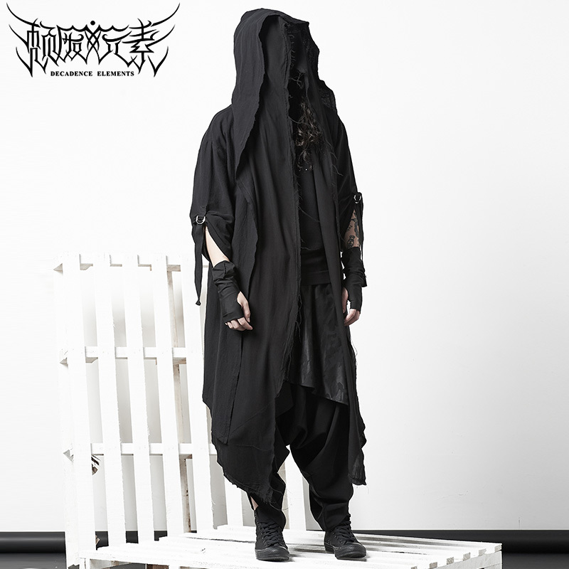 Decadent Elements, Dark Cloak, Thin Coat, Hooded, Personalized, Original, Trendy Gothic Over-The-Knee Robe for Men