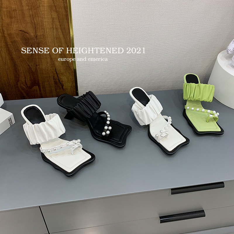 Ex Boyhood Toenails Pearls High Heel Sandals Women 2022 Summer New Fine Heel Flex Half Slippers