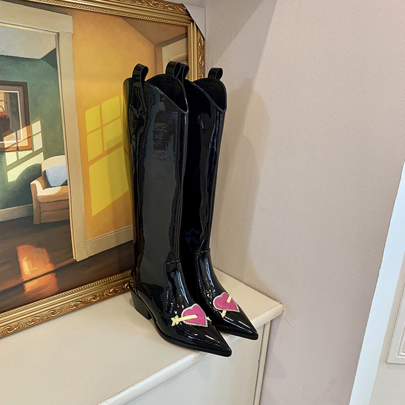 Retro high-top Martin boots skinny boots net red ins riding boots patent leather boots v-mouth pointed leather cowboy boots women