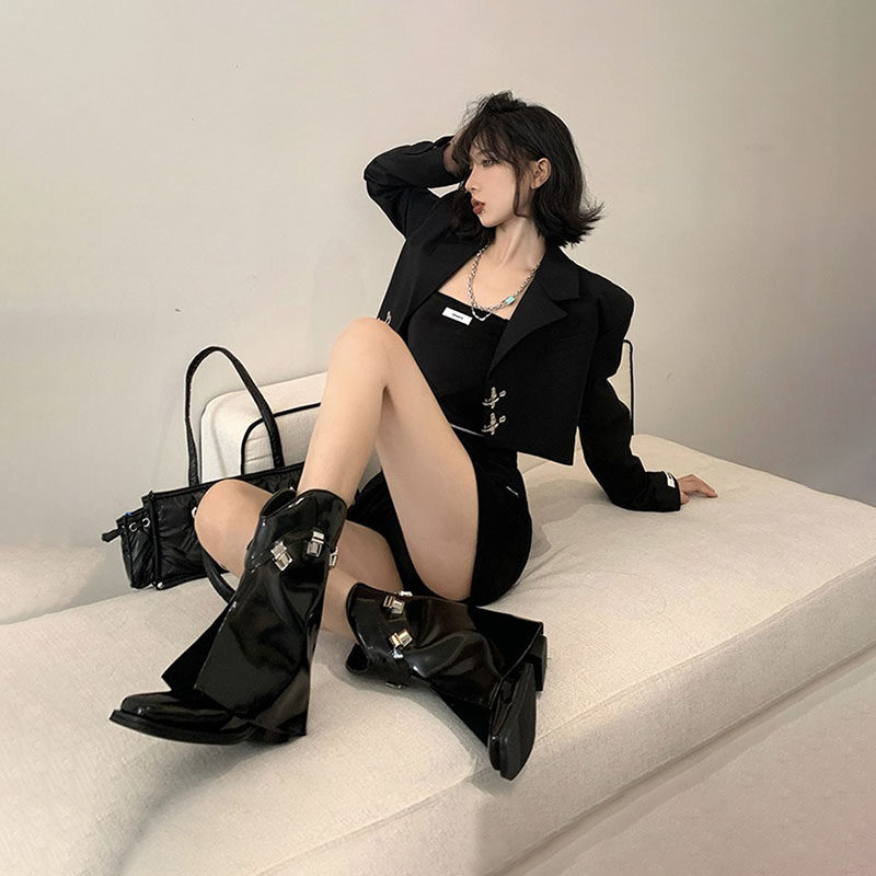 Fried Street Square Head Genuine Leather Inserts Lock Pants Pipe Boots Heightening Middle Cylinder Chelsea Function Retro Western Boots Small Crowddesign