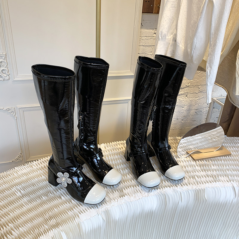 Black and white spliced lacquered leather Long boot Female 2022 New genuine leather Lean Thick Heel style slim skinny boots High heel high drum boot