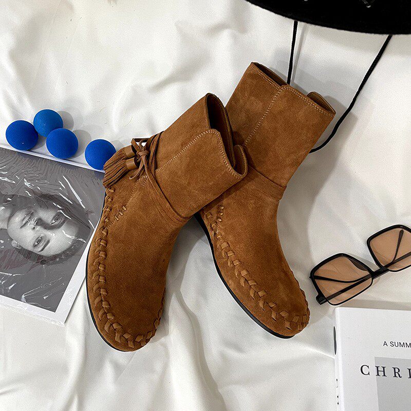 (Special price clearance limited quantity) fashion all-match short boots suede round toe flat tassel mid-tube boots female ins