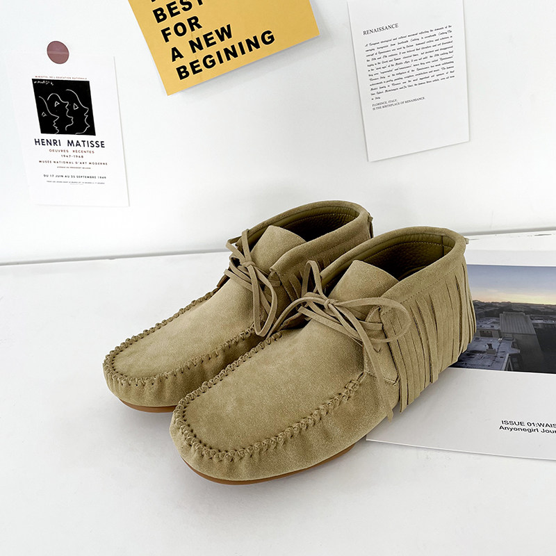 Ex-boyfriend 2022 Autumn Winter New Low Help Retro Round Head Flat-bottomed Lace Casual Frosted Leather Streaming Suzu Bean Shoe Tide