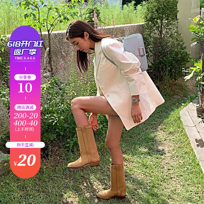 Western Cowboy Boots Retro Riding Boots 2022 European And European Rough Heel Brown Genuine Leather Frosted Midcylinder Boots Woman Spring Autumn Single Boots