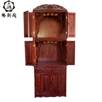 With door shrine Household double-layer with door Buddha cabinet Solid wood door carved incense camphor wood God of wealth Guanyin shrine shrine Buddha table