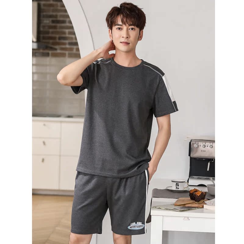 Mùa hè cotton mens đồ ngủ tăng thường số cộng với chất béo cộng với quần áo nhà chất béo ngắn tay áo quần short cotton mỏng phù hợp.