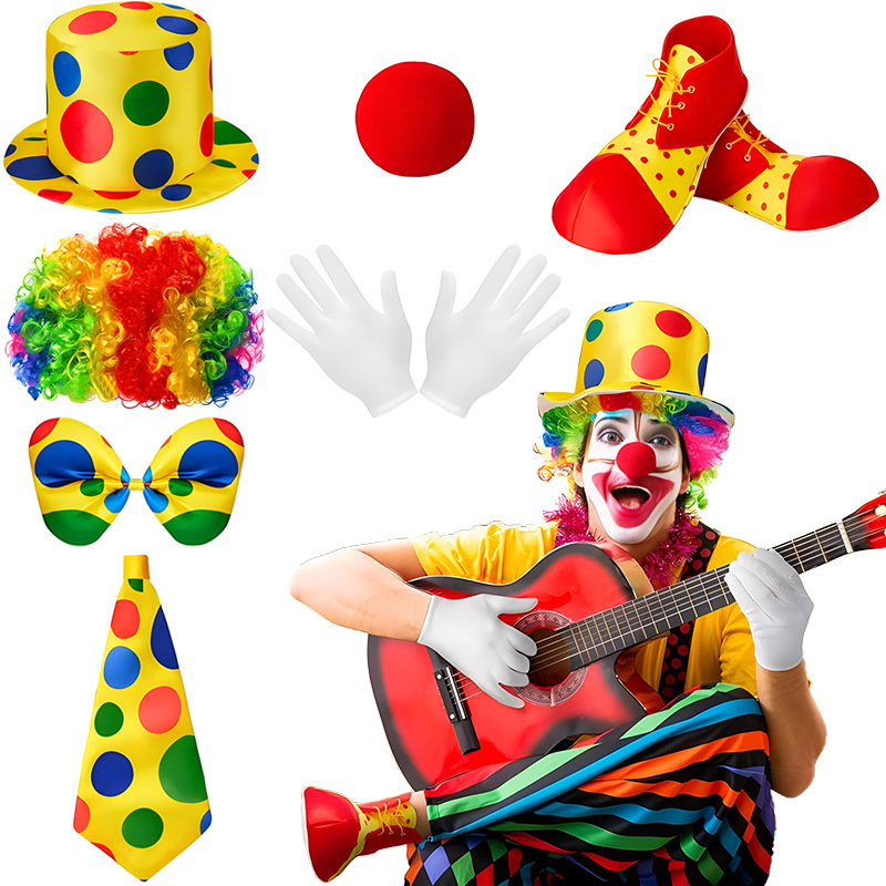 Halloween Cosplay Clown Dress up Clown Shoes Vest Bow Tie Colorfulful Clown Wig Gloves Headband