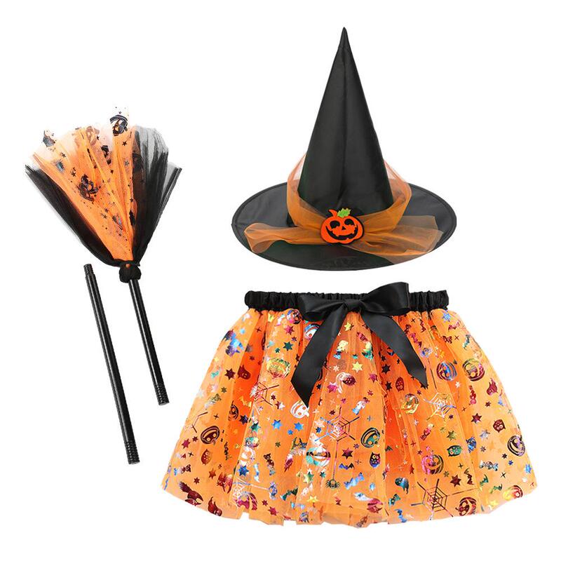 Halloween Printed Mesh Pumpkin Tutu Skirt Witch Hat Broom Puffy Skirt Three-Piece Set European and American Girls' Short Skirt Halloween Printed Mesh Pumpkin Tutu Skirt Witch Hat Broom Puffy Skirt Three-Piece Set European and American Girls' Short Skirt