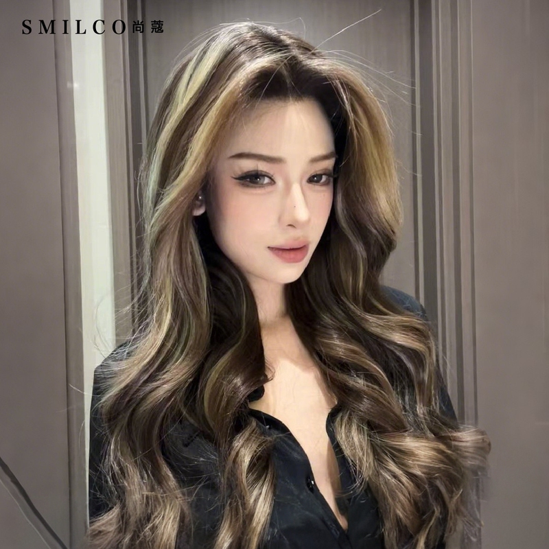 Full Head Wig, French Linen Gold Highlights, Large Wavy Long Curly Hair, Large Lace, Breathable, Face-Shaping