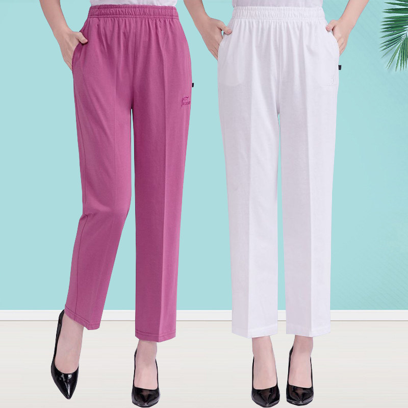 Middle-aged and elderly women's pants summer thin mother cotton pants loose casual sports pants high waist straight leg nine-point pants