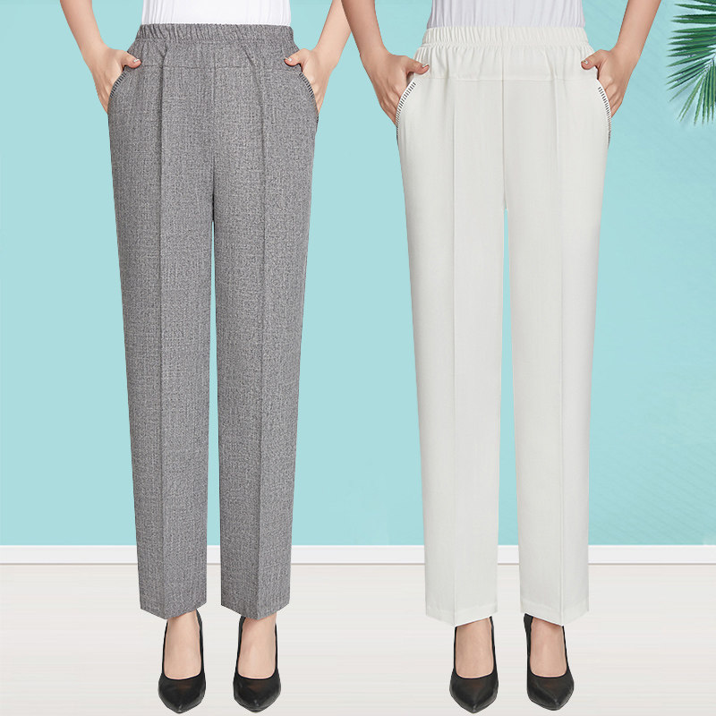 Mom Pants Summer Thin linen Middle aged girl pants High waist cotton linen 90% Pants Loose Older size Size Pants