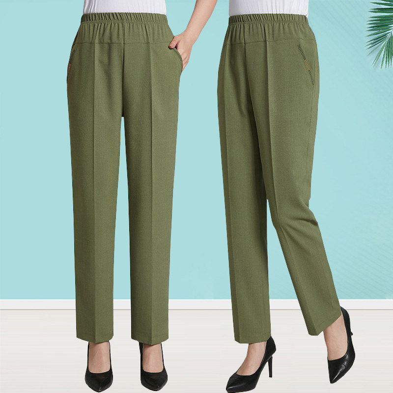 Mother Summer Clothing Thin cotton linen casual pants linen Old-aged women pants tightness high waist casual straight cylinder 90% Pants Woman