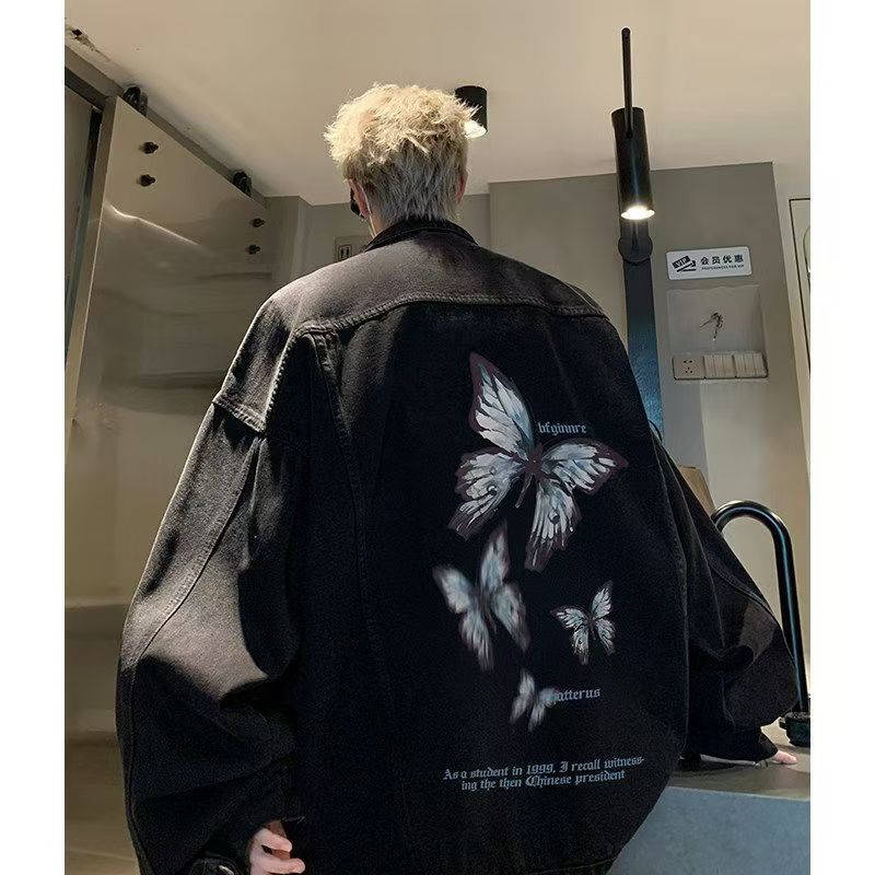 Black Washed Denim Jacket for Men, Spring Trendy Butterfly Print Lapel Top, Loose Hong Kong Style Jacket