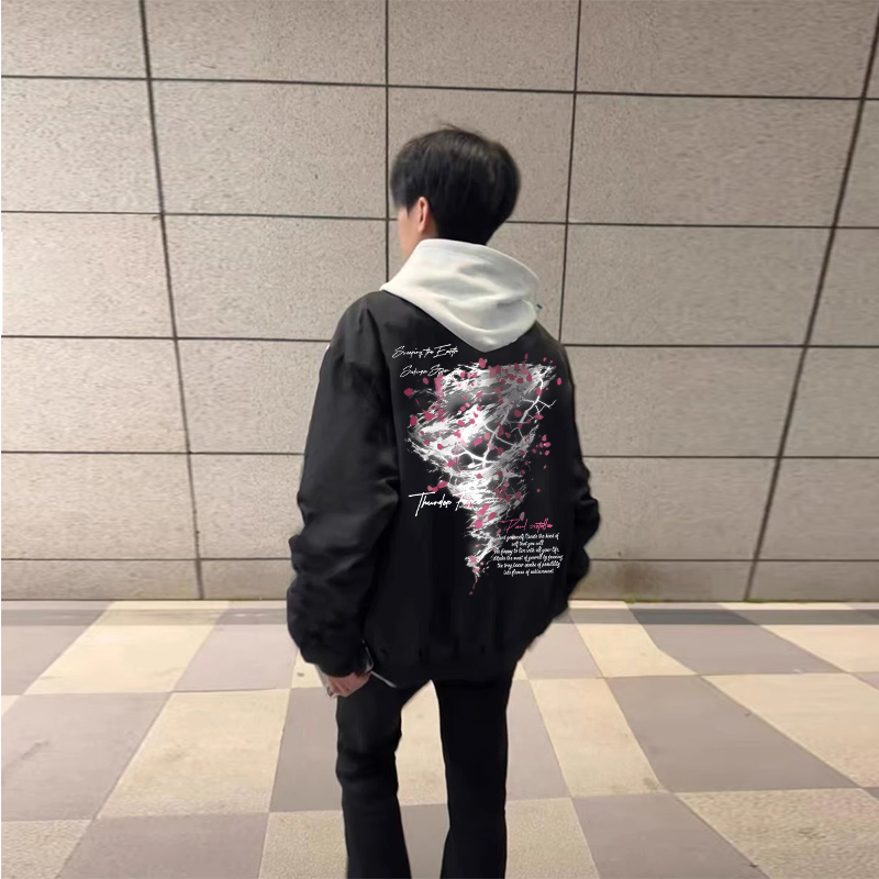 American-Style Trendy Lightning Print Black Jacket for Men, Spring and Autumn 2025 New Versatile High-End Baseball Jacket