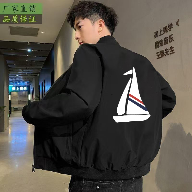 Spring National Trend Sailboat Print Bomber Jacket American High Street Style Black Baseball Jacket Versatile Unisex Jacket