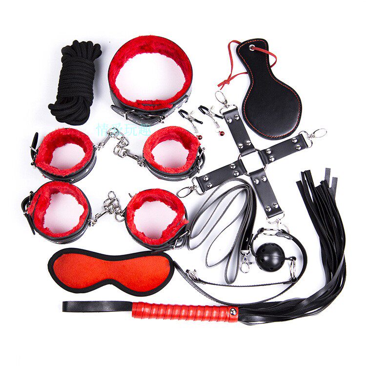 SM alternative combination set Black and red plush 8-piece fun bondage toy hands, feet, handcuffs, whips, blindfolds, mouth balls