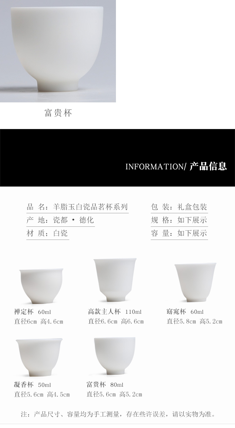 The Product suet jade white porcelain porcelain remit sample tea cup dehua ceramic kung fu tea cup single CPU handwritten custom master CPU