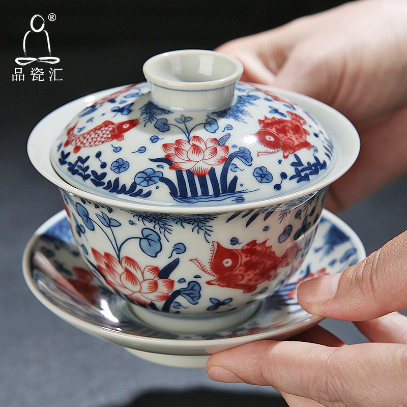 Blue flower glaze red three to cover a single cup of cup large antique ceramic cup cup to tea bowl kung fu tea cup