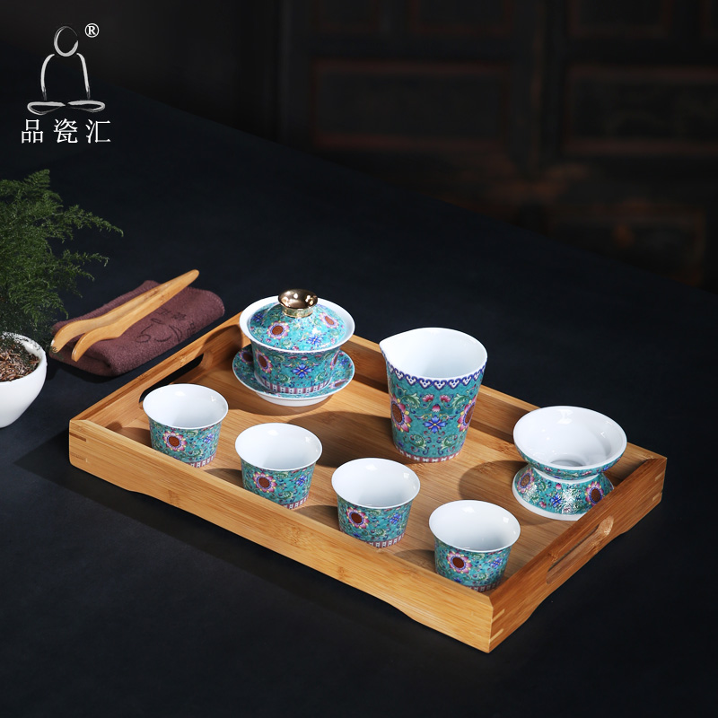 The Product of jingdezhen porcelain remit enamel tray pastel color bamboo tea tray of a complete set of ceramic tea set GaiWanCha cups