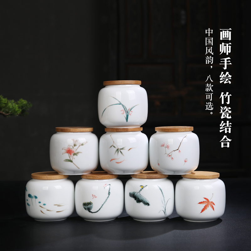 Porcelain sink bamboo cover by patterns ceramic POTS moistureproof storage jar airtight household bamboo caddy fixings cover the custom