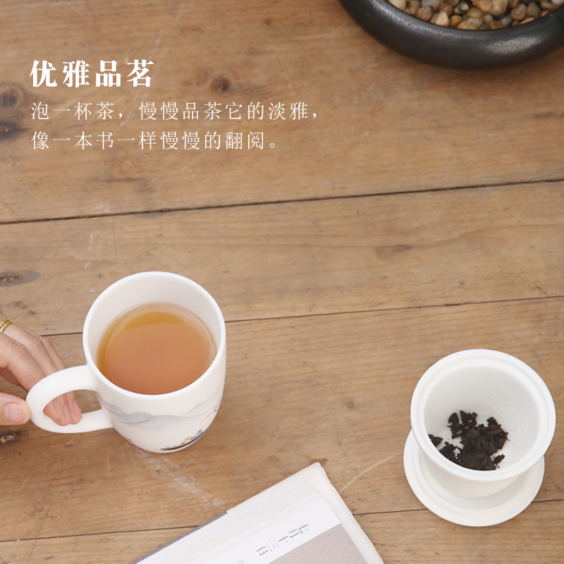 The Product dehua porcelain remit suet jade the fishing qiao geng read cultivate one 's morality glass office cup tea separation contracted individual cup gift box