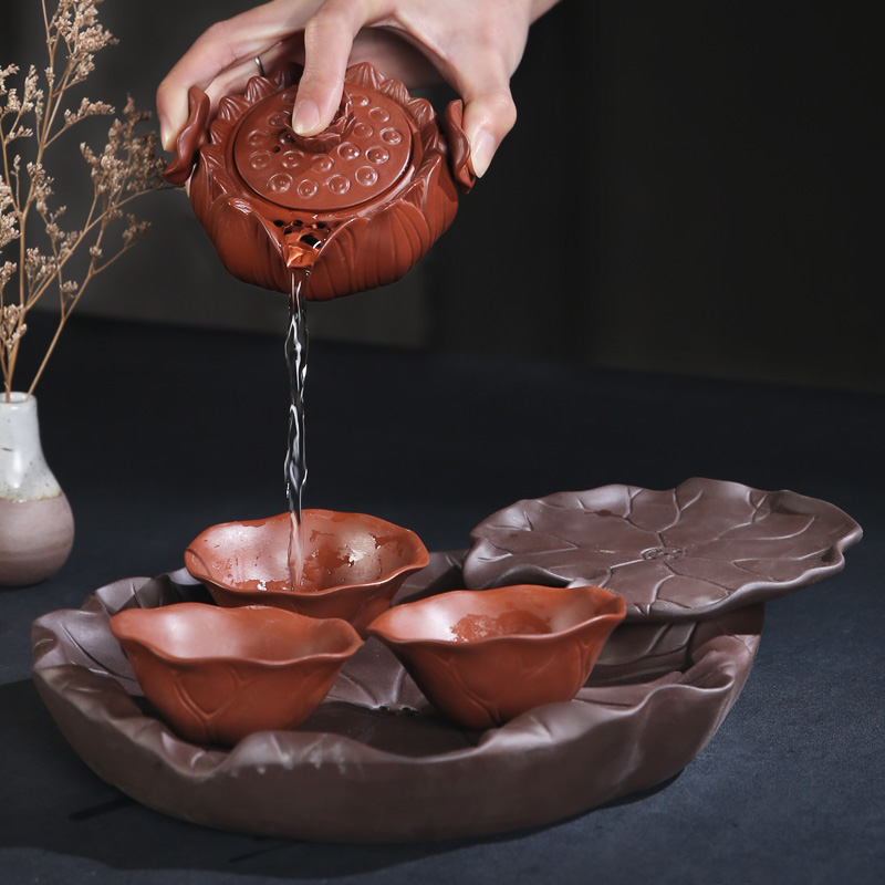 The Product porcelain send violet arenaceous buddhist lotus crack cup tour zen tea set suit portable BaoHu dry terms plate of red mud teapot