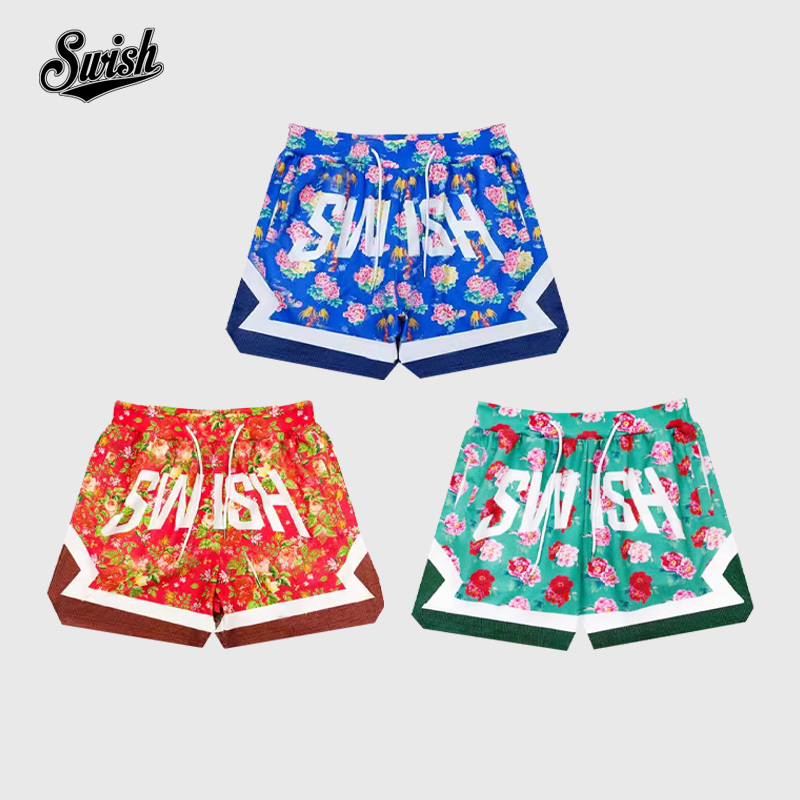 Swish the Ball in Waffle-Style American Basketball Training Shorts Retro Colorful Northeast Series
