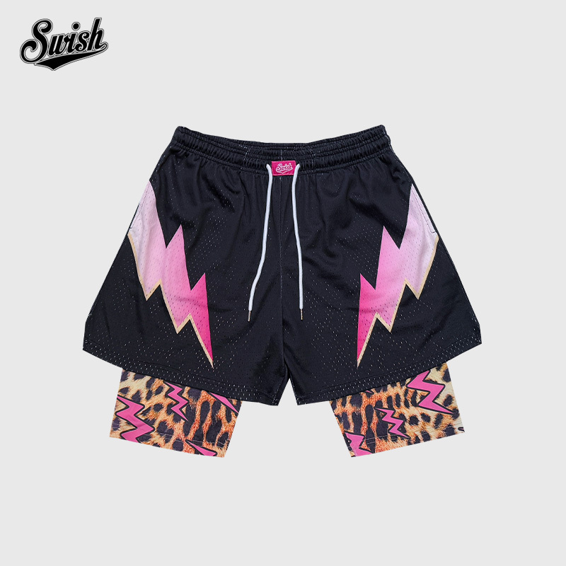 Swish the Ball in Lightning Leopard Print Quick-Drying Fake Two-Piece Mesh American-Style Sports Shorts for Fitness Training