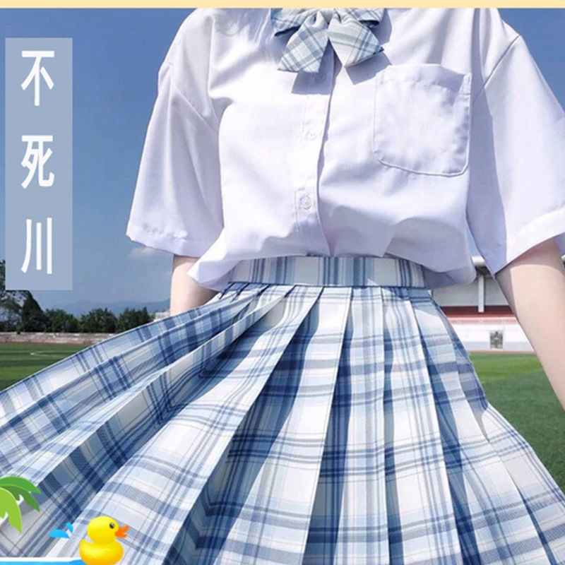 Plus-Size Summer Outfit for Chubby Girls, Jk Uniform Blue and White Set, High-Waisted Plaid Skirt, School Style, Slightly Chubby, Tummy-Covering Pleated Skirt