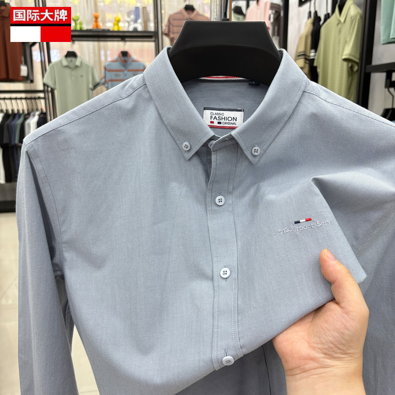 Tommy Pure Striped Shirt Men's Long-Sleeved Spring New Solid Color Embroidered Fashion Casual Shirt for Young and Middle-Aged Men