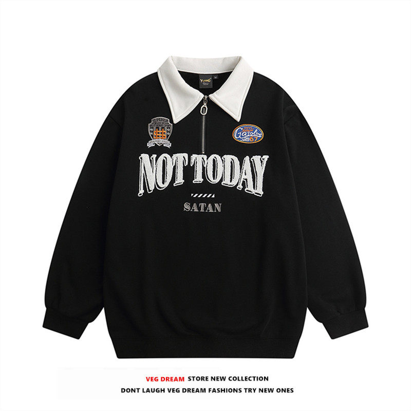 VEG Dream American retro college style POLO collar sweater men and women loose ins niche plus velvet couple jacket