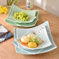 Food vessel Ceramic plate Classical celadon hand-painted shaped dish plate square plate Creative snack plate