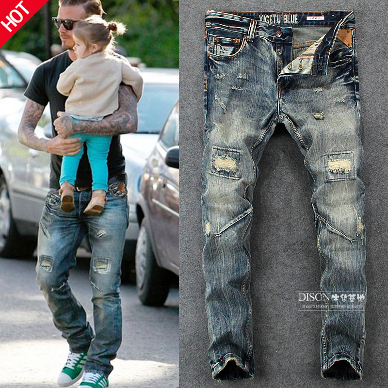 Beckham European and American High Street Ripped Patchwork Vintage Straight-Leg Jeans for Men, Slim Fit, Distressed, Skinny Pants, Trendy Beckham European and American High Street Ripped Patchwork Vintage Straight-Leg Jeans for Men, Slim Fit, Distressed, Skinny Pants, Trendy