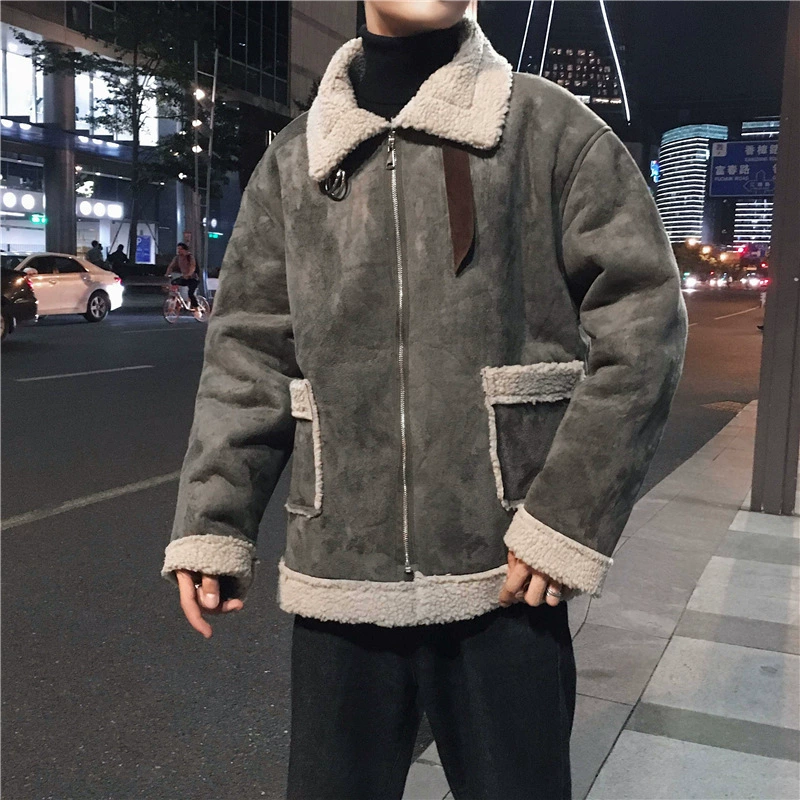 Mùa đông 2020 phong cách mới của Hồng Kông dành cho nam giới áo khoác len lông cừu rộng rãi hợp thời trang của nam giới áo khoác cotton giản dị ve áo ngắn dày dày - Bông
