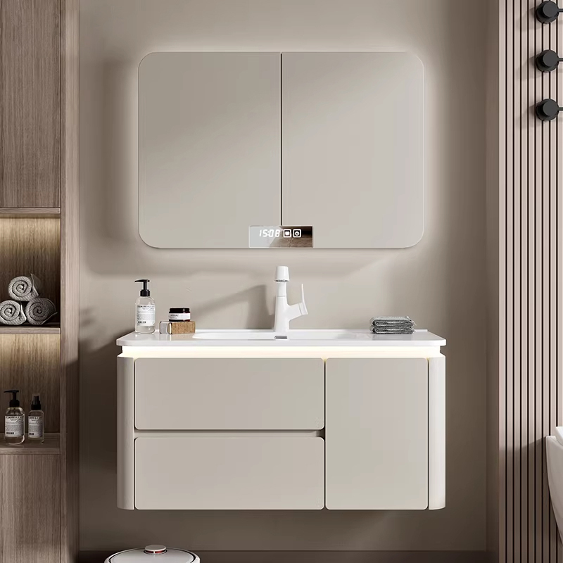 French-Style Cream-Colored Bathroom Cabinet with Hidden Smart Led Mirror Cabinet, Bathroom Vanity, Washbasin