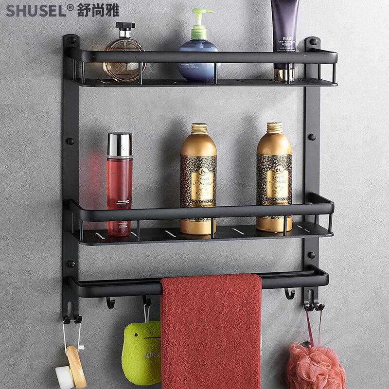 Eurostyle hanging towel rack free of punch Makeup Room Space Aluminum Double Layer Shelve Black Bathroom Hardware Bathroom Pendant