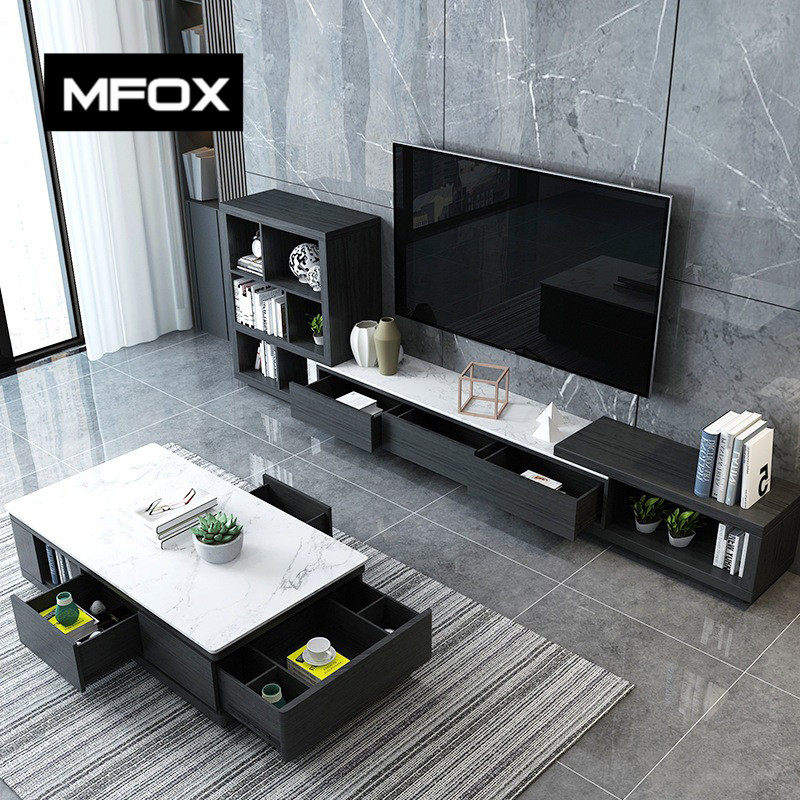 Marble coffee table TV cabinet living room combination Nordic minimalist modern retractable TV cabinet creative coffee table home
