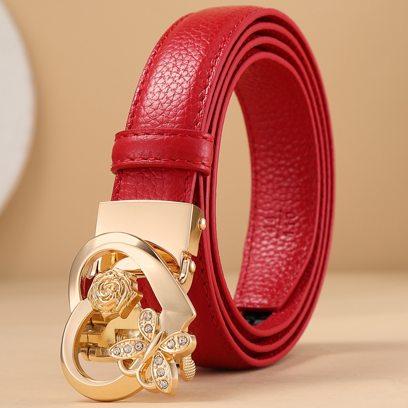 Yiner Sara Extended Automatic Buckle Leather Belt, Fashionable Casual Belt with Heart Buckle for Women's Jeans