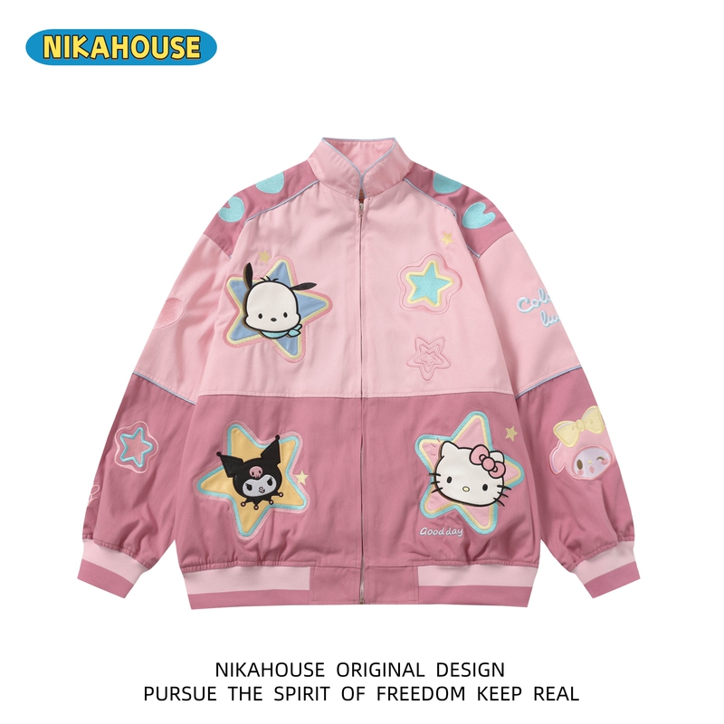 Nikahouse Sanrio Embroidered Pink Motorcycle Jacket Cartoon Embroidered Baseball Jacket Women's Loose Casual Jacket Nikahouse Sanrio Embroidered Pink Motorcycle Jacket Cartoon Embroidered Baseball Jacket Women's Loose Casual Jacket