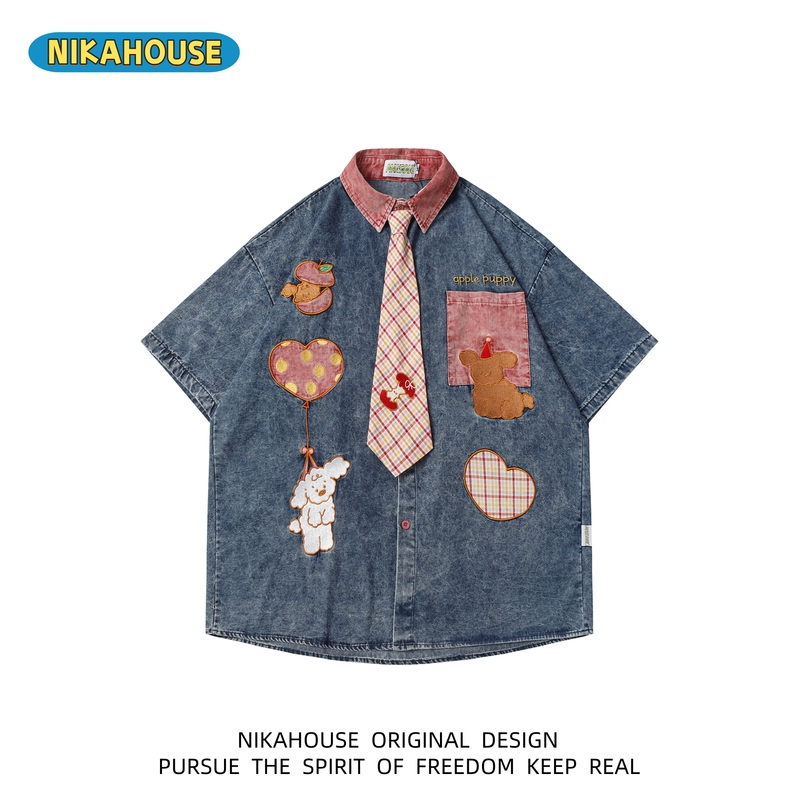 Nikahouse Land Rover Style Cartoon Patch Embroidered Washed Denim Short-Sleeve Shirt Loose Vintage Shirt Trendy